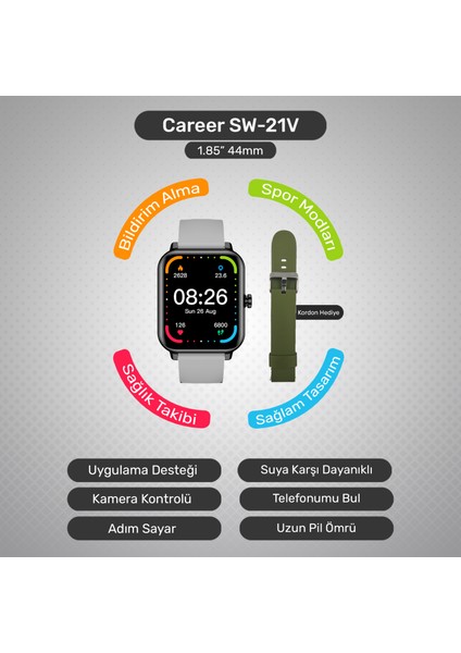 Career Akıllı Saat Bildirim,kalp Atış,uyku Takibi,spor,sağlık, Ios&android Uyumlu 44MM IP67 Uzun Pil Ömrü Türkçe Menü SW-21V