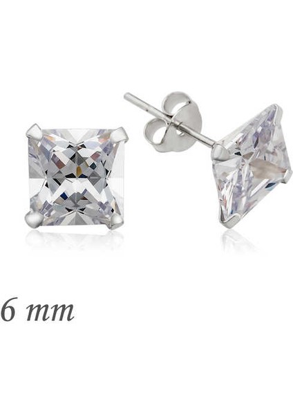 Gümüş Kare Tek Taş Zirkon Küpe - 6 Mm.