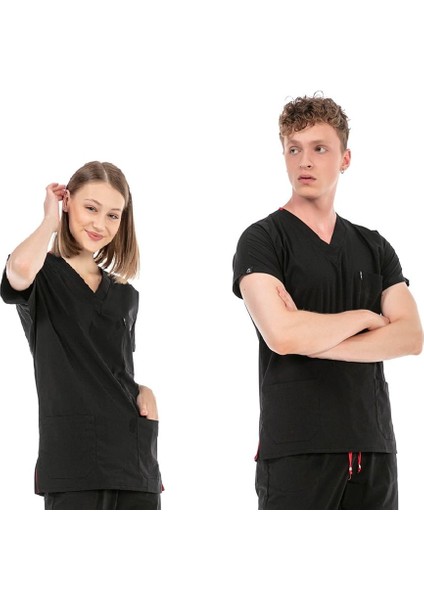 Ultralycra Basic - Likralı Doktor Hemşire Scrubs Tek Üst Cerrahi Forma (Unısex), Siyah