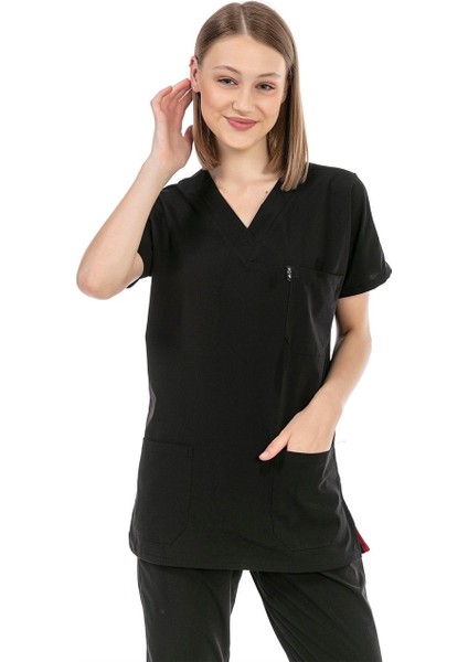 Ultralycra Basic - Likralı Doktor Hemşire Scrubs Tek Üst Cerrahi Forma (Unısex), Siyah modelleri
