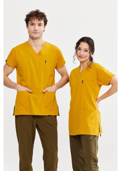 Ultralycra Harmony/basic - Likralı Doktor Hemşire Forma Takımı Scrubs Üniforma Cerrahi Takım (Unısex), Safran/haki
