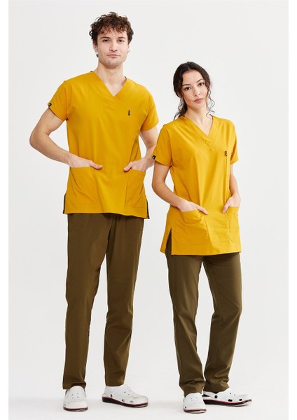 Ultralycra Harmony/basic - Likralı Doktor Hemşire Forma Takımı Scrubs Üniforma Cerrahi Takım (Unısex), Safran/haki fiyatları