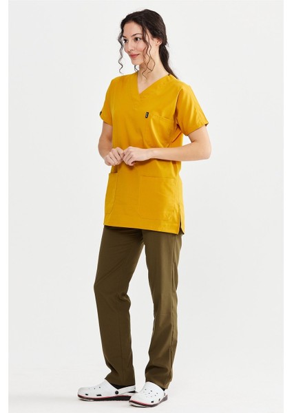 Ultralycra Harmony/basic - Likralı Doktor Hemşire Forma Takımı Scrubs Üniforma Cerrahi Takım (Unısex), Safran/haki modelleri