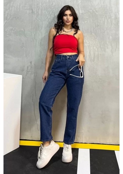 Düz Orta Kadın Mavi Slim Fit Mom Pantolon fırsatları