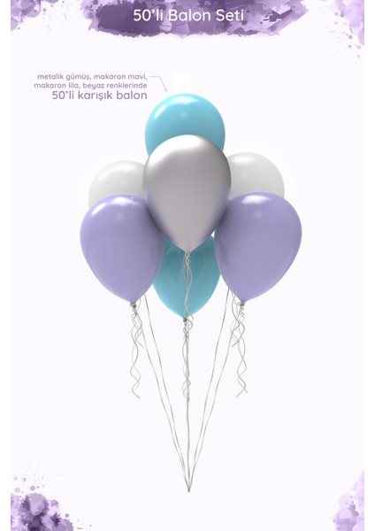 Frozen Elsa Temalı Balon Seti - 12" Beyaz, Metalik Gümüş, Makaron Mavi ve Makaron Lila- 50 Adet