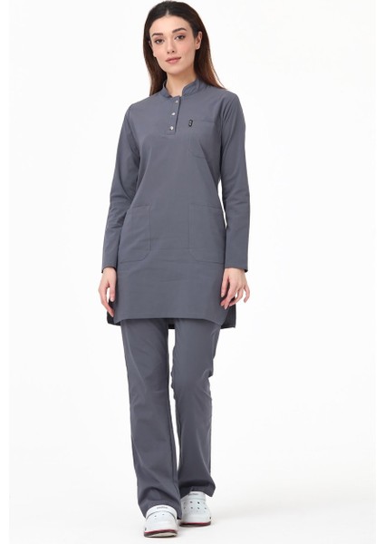 Ultralycra Modest - Likralı Doktor Hemşire Tesettür Forma Takımı Scrubs Üniforma Cerrahi Takım, Asfalt
