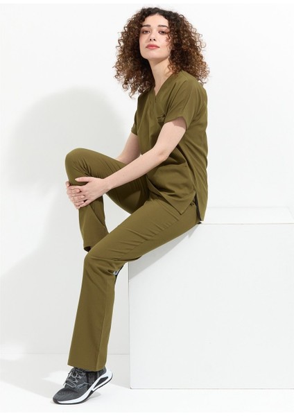 Happiness Spaniard - Likralı Doktor Hemşire Forma Takımı Scrubs Üniforma Cerrahi Takım (Kadın), Haki fiyatları