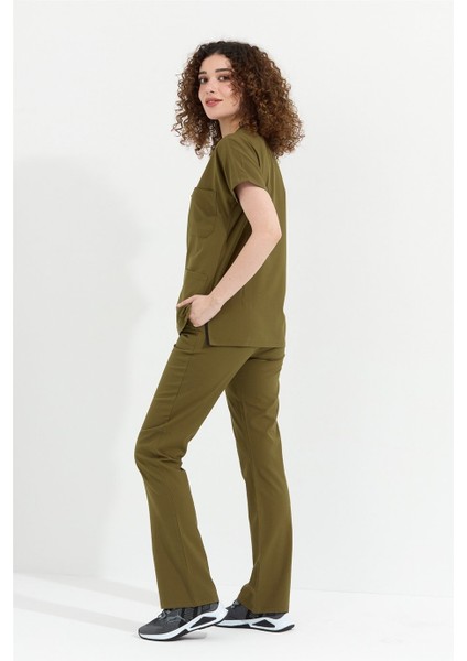 Happiness Spaniard - Likralı Doktor Hemşire Forma Takımı Scrubs Üniforma Cerrahi Takım (Kadın), Haki fırsatları