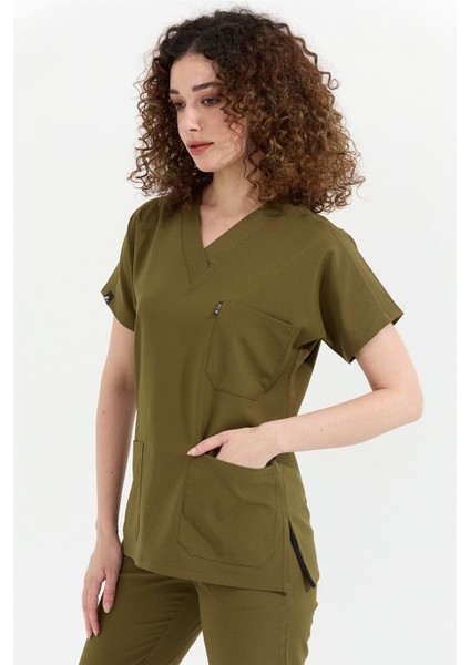 Happiness Spaniard - Likralı Doktor Hemşire Forma Takımı Scrubs Üniforma Cerrahi Takım (Kadın), Haki indirimleri