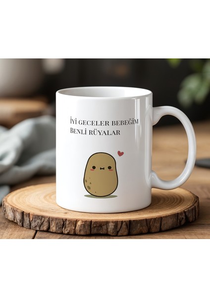 BB Desing Iyi Geceler Bebeğim Tasarımlı Beyaz Seramik Baskılı Kupa Bardak 330 ml