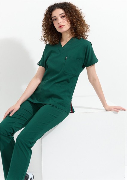 Happiness Spaniard - Likralı Doktor Hemşire Forma Takımı Scrubs Üniforma Cerrahi Takım (Kadın), Koyu Yeşil