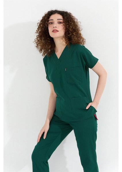 Happiness Spaniard - Likralı Doktor Hemşire Forma Takımı Scrubs Üniforma Cerrahi Takım (Kadın), Koyu Yeşil indirimleri