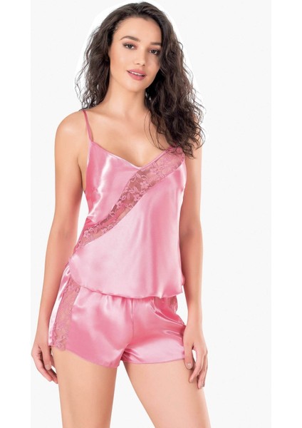 Koyu Pembe Saten Babydoll Şort Takımı
