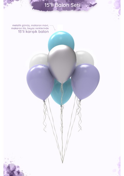 Frozen Elsa Temalı Balon Seti - 12" Beyaz, Metalik Gümüş, Makaron Mavi ve Makaron Lila- 15 Adet