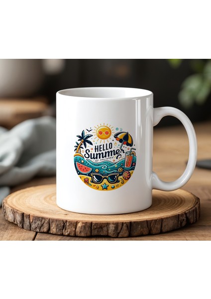 BB Desing Hello Summer Tasarımlı Beyaz Seramik Baskılı Kupa Bardak 330 ml