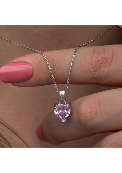 Gümüş Pembe Taşlı Kalpli Kadın Kolye