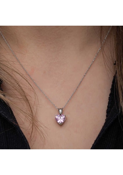 Gümüş Pembe Taşlı Kalpli Kadın Kolye fiyatları