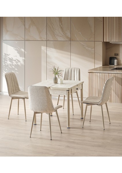 NEV20-S87 Serisi Fonksiyonel Modern Açılır Katlanır Masa Takımı & 4 Adet Sandalye – Traverten Desen, Kapuçino Metal Ayaklı