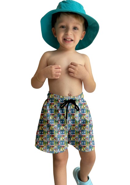 Renkli Desenli Standart Boy Erkek Çocuk Mayo Deniz Şortu