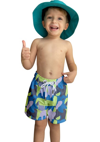 Renkli Desenli Standart Boy Erkek Çocuk Mayo Deniz Şortu