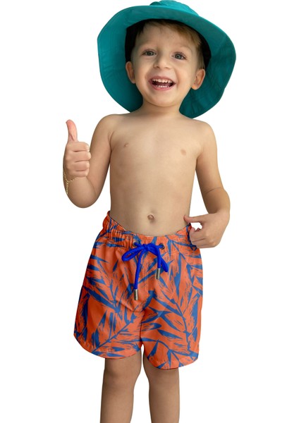 Yaprak Desenli Turuncu Standart Boy Erkek Çocuk Mayo Deniz Şortu modelleri