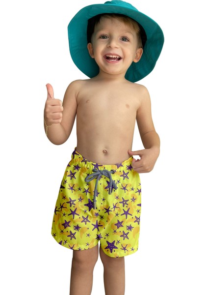 Deniz Yıldızı Desenli Sarı Standart Boy Erkek Çocuk Mayo Deniz Şortu