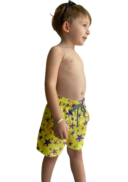 Deniz Yıldızı Desenli Sarı Standart Boy Erkek Çocuk Mayo Deniz Şortu modelleri
