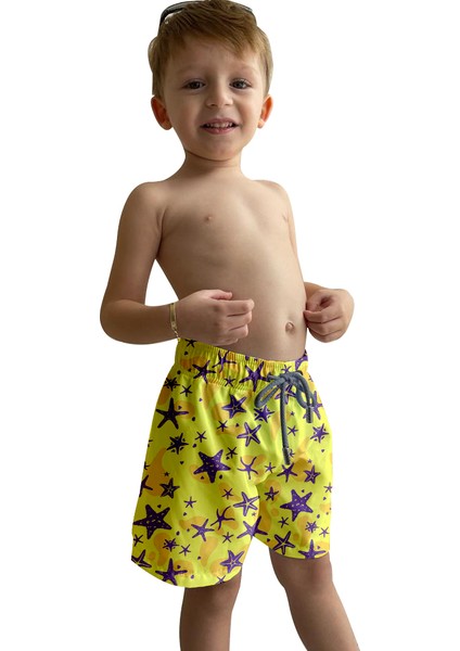 Deniz Yıldızı Desenli Sarı Standart Boy Erkek Çocuk Mayo Deniz Şortu fırsatları