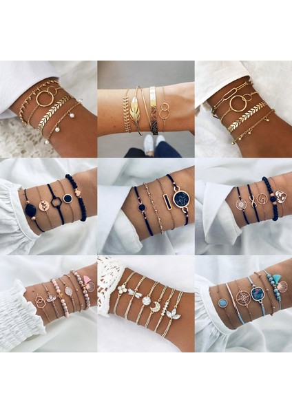 NO.83403 Beden Modyle Yeni Bohem Siyah Halat Zincir Bileklik Seti Kadınlar Için Uçak Kabuk Ay Kalp Kristal Şanslı Bilezik Boho Takı (Yurt Dışından) fiyatları