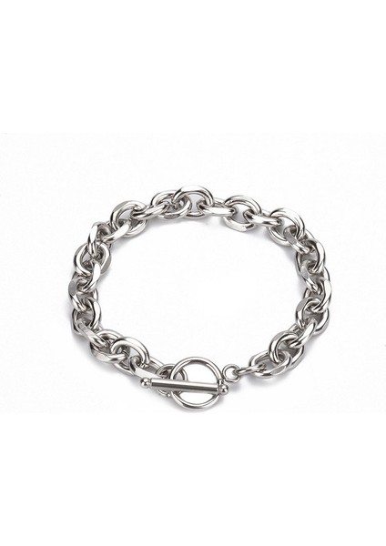 Yaklaşık Uzunluk 21CM Bileklik Titanyum Çelik Bilezikler Katmanlı Bilezikler Bayanlar Yuvarlak Toka Takı Çiftler Moda Vintage Gümüş Renkli Pulseras (Yurt Dışından)