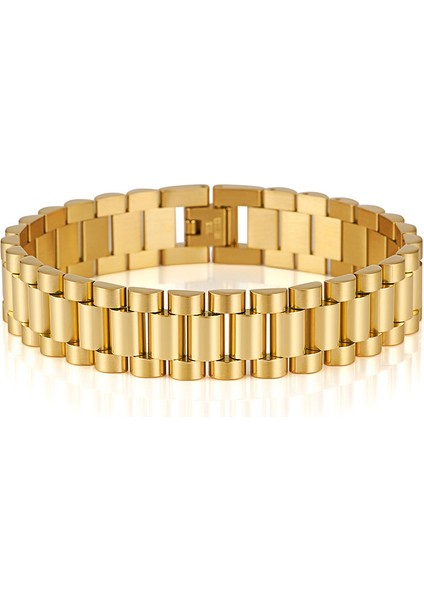 19CM Tarzı Altın Rengi Erkekler Için 15MM Genişlik Inç Uzunluğunda Saat Zinciri Bileklik Altın Siyah Paslanmaz Çelik Erkek Takıları (Yurt Dışından)