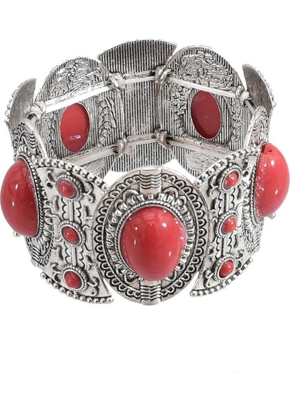 0497KIRMIZI Bohem Punk Çingene Tibet Vintage Metal Elastik Geniş Bilezikler Mavi Taş Boncuk Ifade Bileklik El Yapımı Kadın Erkek (Yurt Dışından)