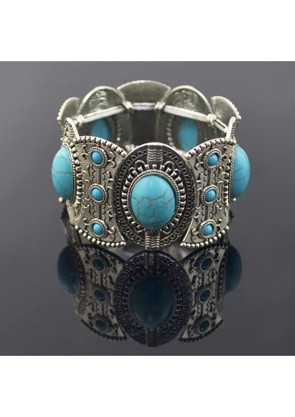 0497KIRMIZI Bohem Punk Çingene Tibet Vintage Metal Elastik Geniş Bilezikler Mavi Taş Boncuk Ifade Bileklik El Yapımı Kadın Erkek (Yurt Dışından)