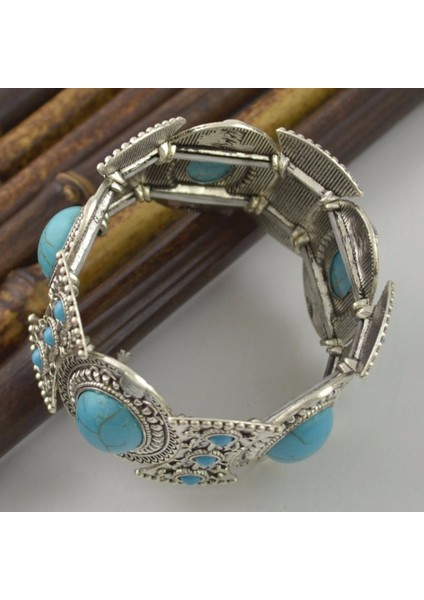 0497KIRMIZI Bohem Punk Çingene Tibet Vintage Metal Elastik Geniş Bilezikler Mavi Taş Boncuk Ifade Bileklik El Yapımı Kadın Erkek (Yurt Dışından)