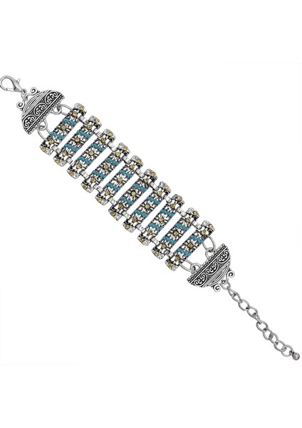 1050CH Bohem Punk Çingene Tibet Vintage Metal Elastik Geniş Bilezikler Mavi Taş Boncuk Ifade Bileklik El Yapımı Kadın Erkek (Yurt Dışından)