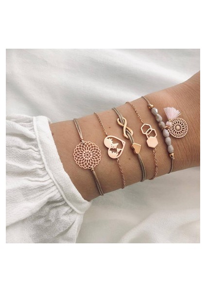 Çiçek Kalp Dıezı Bohem El Yapımı Örgü Kalp Uzun Püsküllü Bilezik Setleri Kadın Yeni Gri Halat Zincir Bileklik Takılar Noel Hediyesi (Yurt Dışından)