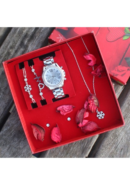 Kadın Kol Saati Bileklik Kolye Küpe Seti Annler Gününe Özel