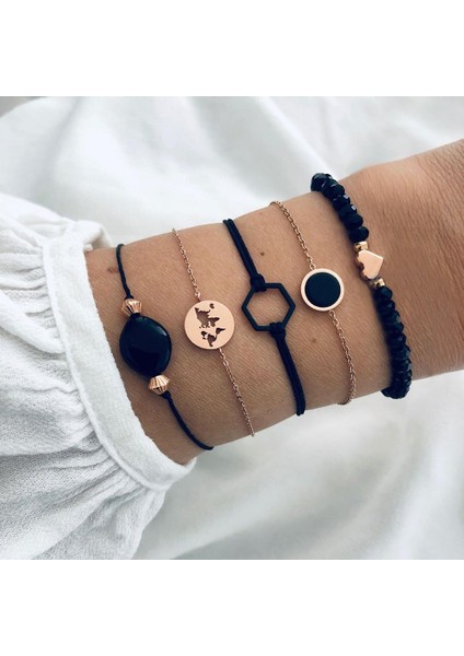 NO.83499 Beden Modyle Yeni Bohem Siyah Halat Zincir Bileklik Seti Kadınlar Için Uçak Kabuk Ay Kalp Kristal Şanslı Bilezik Boho Takı (Yurt Dışından)