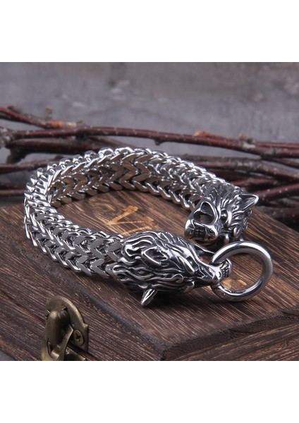 21CM Tarzı Stil 3 Solmayan Kaya Viking Kurt Şans Bileklik Erkek Paslanmaz Çelik Örgü Zincir Altın Kurt Punk Bilezik Mot Bisikletçi Takı (Yurt Dışından)