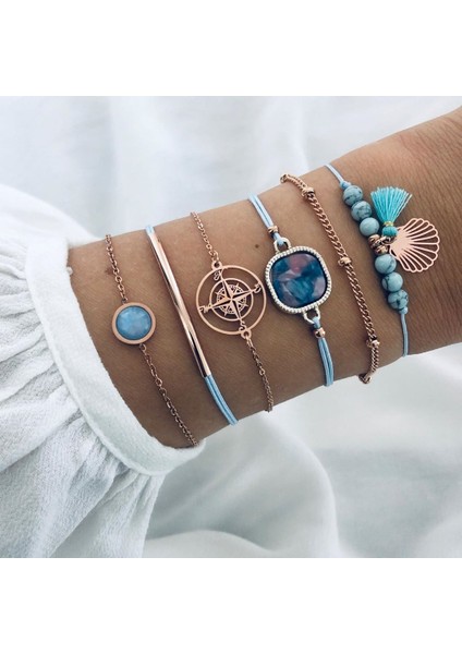 B00179 Modyle Yeni Bohem Siyah Halat Zincir Bileklik Seti Kadınlar Için Uçak Kabuk Ay Kalp Kristal Şanslı Bilezik Boho Takı (Yurt Dışından)
