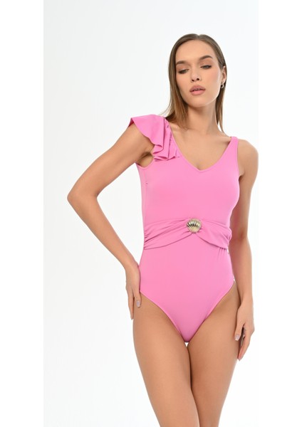 Aquaviva Kadın Pembe Annabella Tek Omuz Volan Detaylı Kemerli Mayo