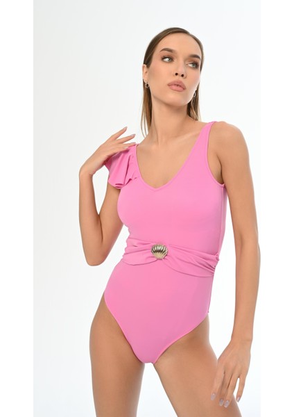 Aquaviva Kadın Pembe Annabella Tek Omuz Volan Detaylı Kemerli Mayo fiyatları