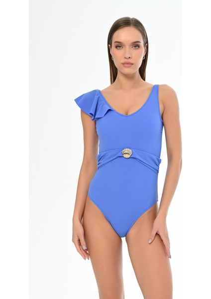 Aquaviva Kadın Mavi Annabella Tek Omuz Volan Detaylı Kemerli Mayo