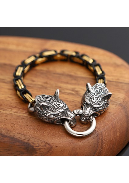 21CM Tarzı Çelik Siyah Norse Viking Kurt Kafası Bileklik Erkekler Asla Solmaz Paslanmaz Çelik Altın Kare Kral Zincir Bilezik Sokak Kültürü Aksesuarları Takı (Yurt Dışından) fırsatları