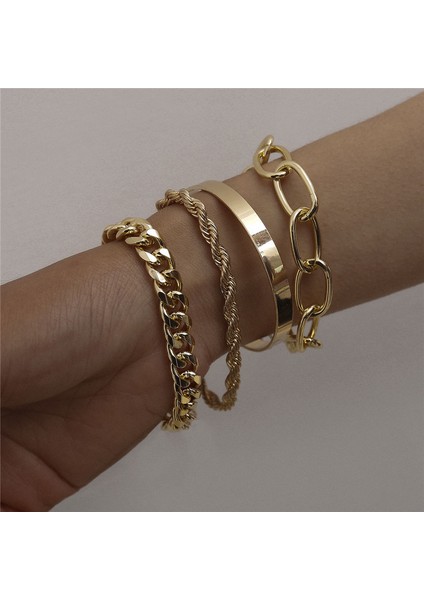 B00126 Vagzeb Punk Altın Renk Kalın Zincir Bilezik Seti Kadınlar Retro Geometrik Metal Örgü Zincir Bilezik Moda Takı (Yurt Dışından) fiyatları