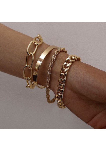 B00122 Vagzeb Punk Altın Renk Kalın Zincir Bilezik Seti Kadınlar Retro Geometrik Metal Örgü Zincir Bilezik Moda Takı (Yurt Dışından) modelleri