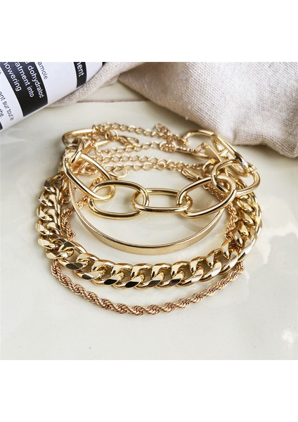 B00114 Vagzeb Punk Altın Renk Kalın Zincir Bilezik Seti Kadınlar Retro Geometrik Metal Örgü Zincir Bilezik Moda Takı (Yurt Dışından) fırsatları