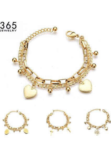 Bir Çelik Yüksek Kaliteli Paslanmaz Çelik Kadın Kolye Bilezik Trendy Yuvarlak Inci Çok Katmanlı Zincir Charm Pulseras Doğum Günü Hediyesi (Yurt Dışından)