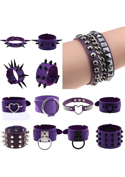 STYLE20 Mor Ayraç Kadınlar Için Mor Got Bilezikler Punk Boho Emo Diken Noktaları Pu Deri Şans Bilezik Kolluk Bilezikler Festival Takı Parti Hediyeleri (Yurt Dışından)