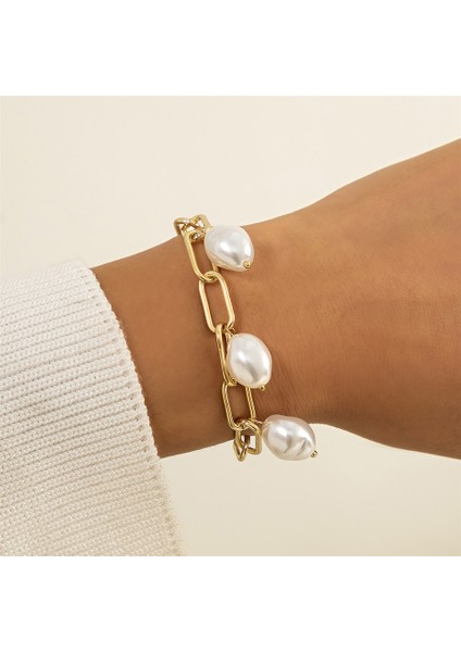 Altın Rengi 6 Yüksek Çekicilik Sahte Inci Bilezik Bilezik Kadınlar Için Kolluk Steampunk Kilit Kalın Zincir Bilezikler Arkadaş Çift Takı (Yurt Dışından)